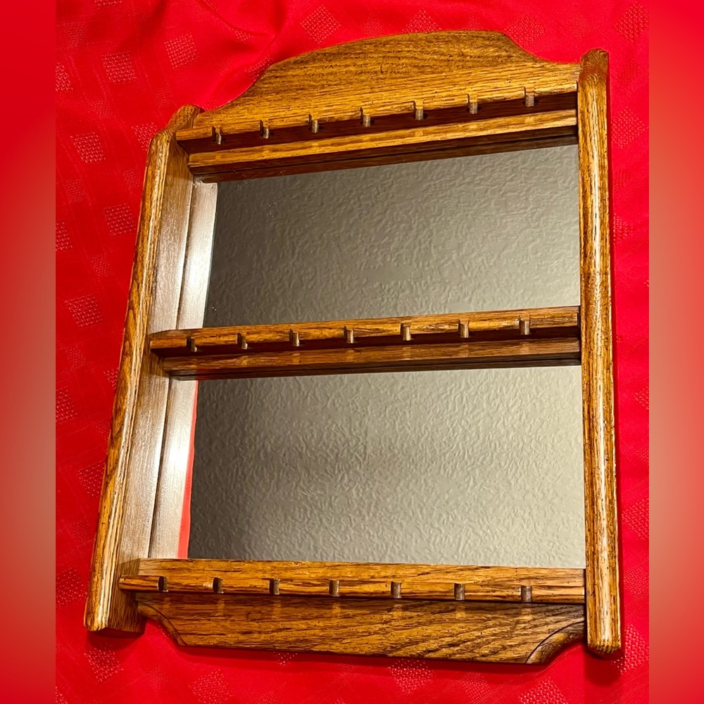 Vintage Solid Oak Wood Mirror Souvenir Spoon Rack Collection Display Holds 21